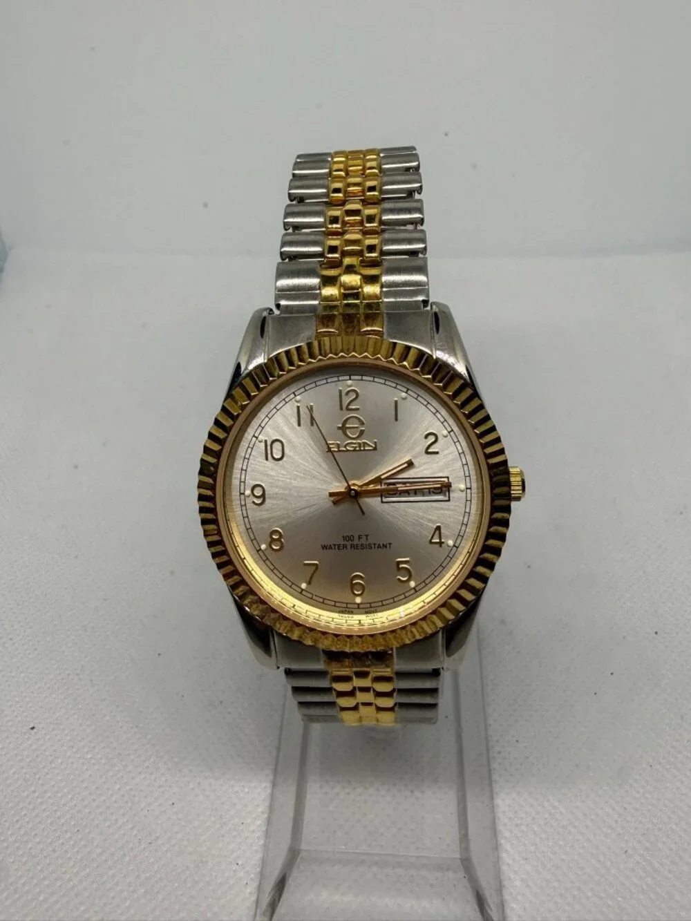 Elgin Men's President-Style Day-Date Watch Two-Tone Fluted Bezel Silver Dial